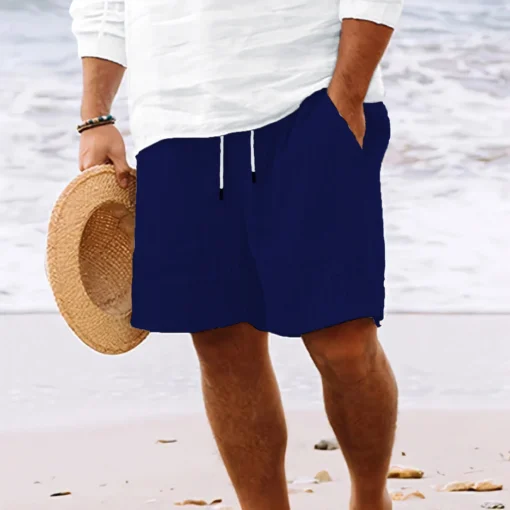 Summer Hawaiian Beach style solid color striped multi-pocket tethered shorts - Image 14