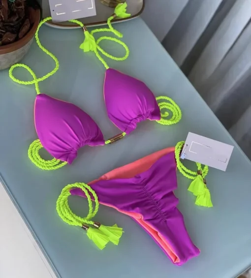 New Women Bikini Backless Rope Triangle Swimsuit Multicolor - Image 3