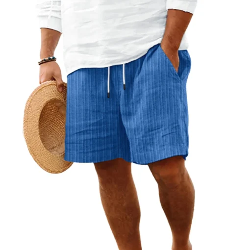Summer Hawaiian Beach style solid color striped multi-pocket tethered shorts - Image 17