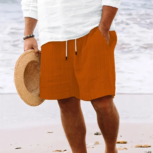 Summer Hawaiian Beach style solid color striped multi-pocket tethered shorts - Image 12