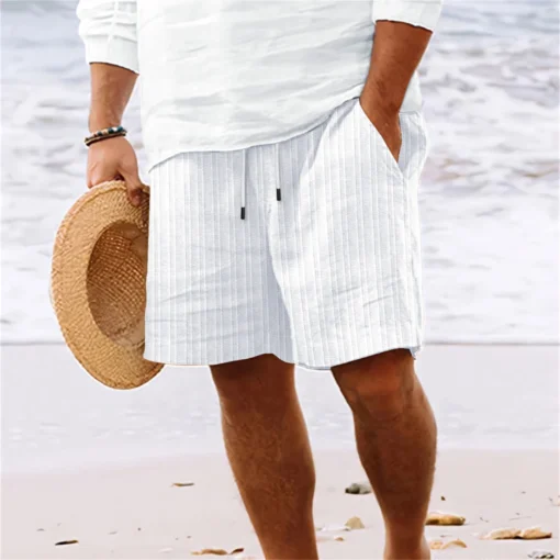 Summer Hawaiian Beach style solid color striped multi-pocket tethered shorts - Image 7