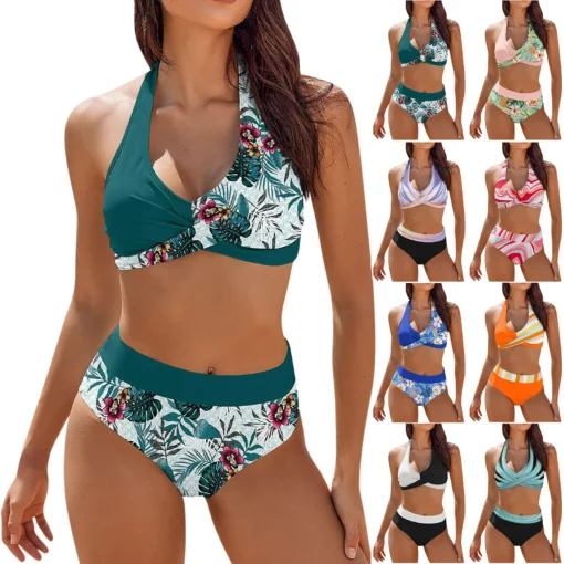 bikini Beach Colour Block Floral Printed Women's Swimsuit - Image 34