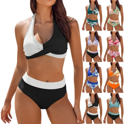 bikini Beach Colour Block Floral Printed Women's Swimsuit - Image 2