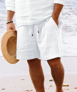 Summer Hawaiian Beach style solid color striped multi-pocket tethered shorts