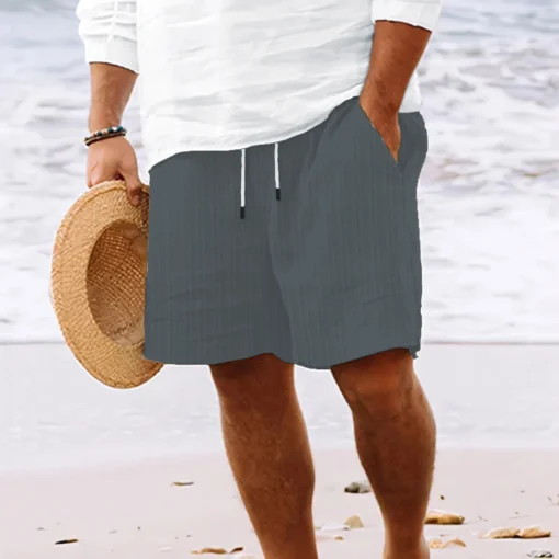 Summer Hawaiian Beach style solid color striped multi-pocket tethered shorts - Image 9