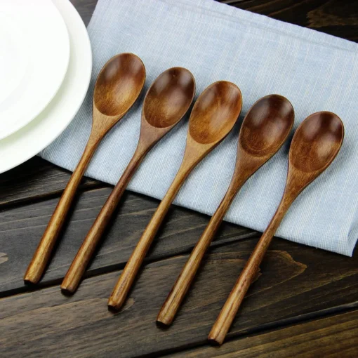5 Pieces Wooden Spoon Soup Spoon and Fork Tableware - Image 9