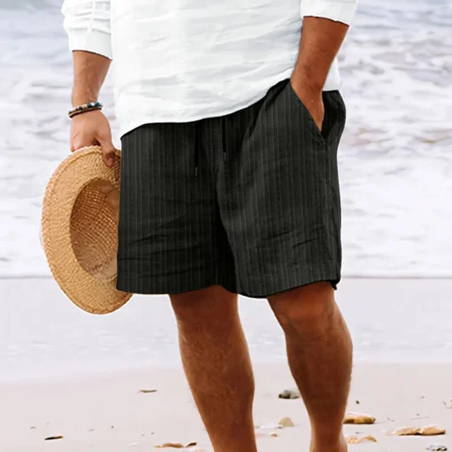 Summer Hawaiian Beach style solid color striped multi-pocket tethered shorts - Image 6