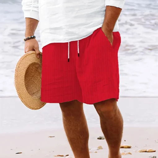 Summer Hawaiian Beach style solid color striped multi-pocket tethered shorts - Image 8
