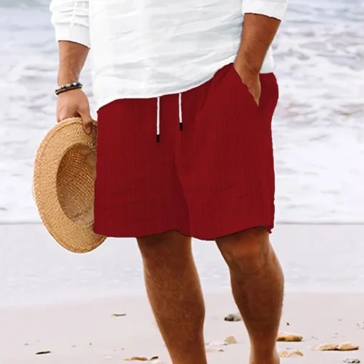 Summer Hawaiian Beach style solid color striped multi-pocket tethered shorts - Image 11