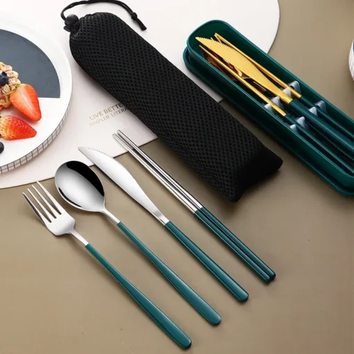 Stainless Steel Tableware Set Portable Cutlery Dinner Knife Fork Spoon Chopsticks Four-piece Suit with Box