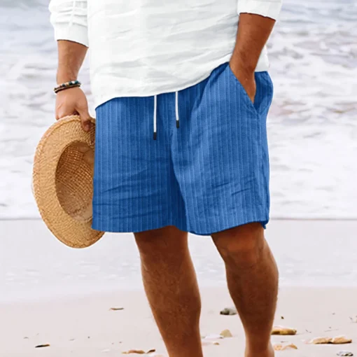 Summer Hawaiian Beach style solid color striped multi-pocket tethered shorts - Image 2
