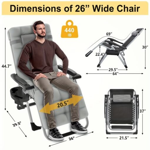 440lbs Ergonomic Outdoor Zero Gravity Lounge Chair with Cup Holder - Image 6